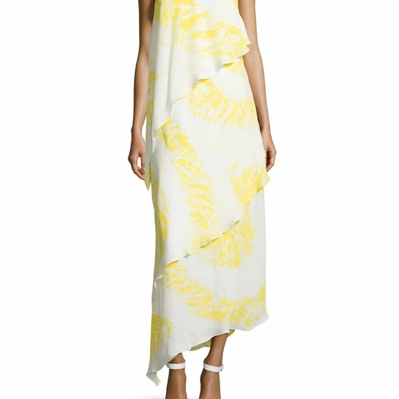 Halston Heritage Pure Silk Tiered Halter Maxi Dress in Yellow Ivory S - Picture 2 of 13